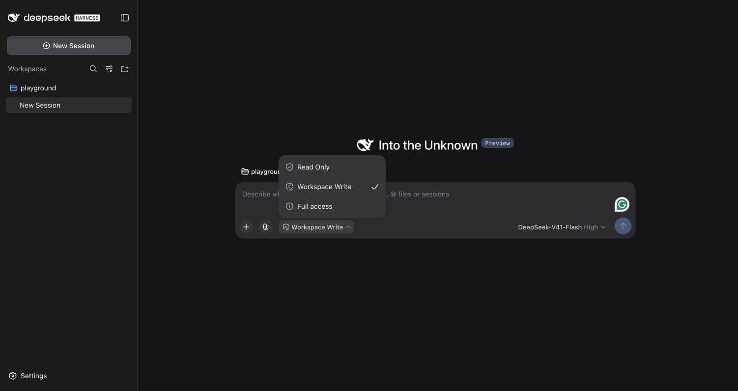 The access menu in a blank DeepSeek Harness session offers Read Only, Workspace Write, and Full access; Workspace Write is selected.