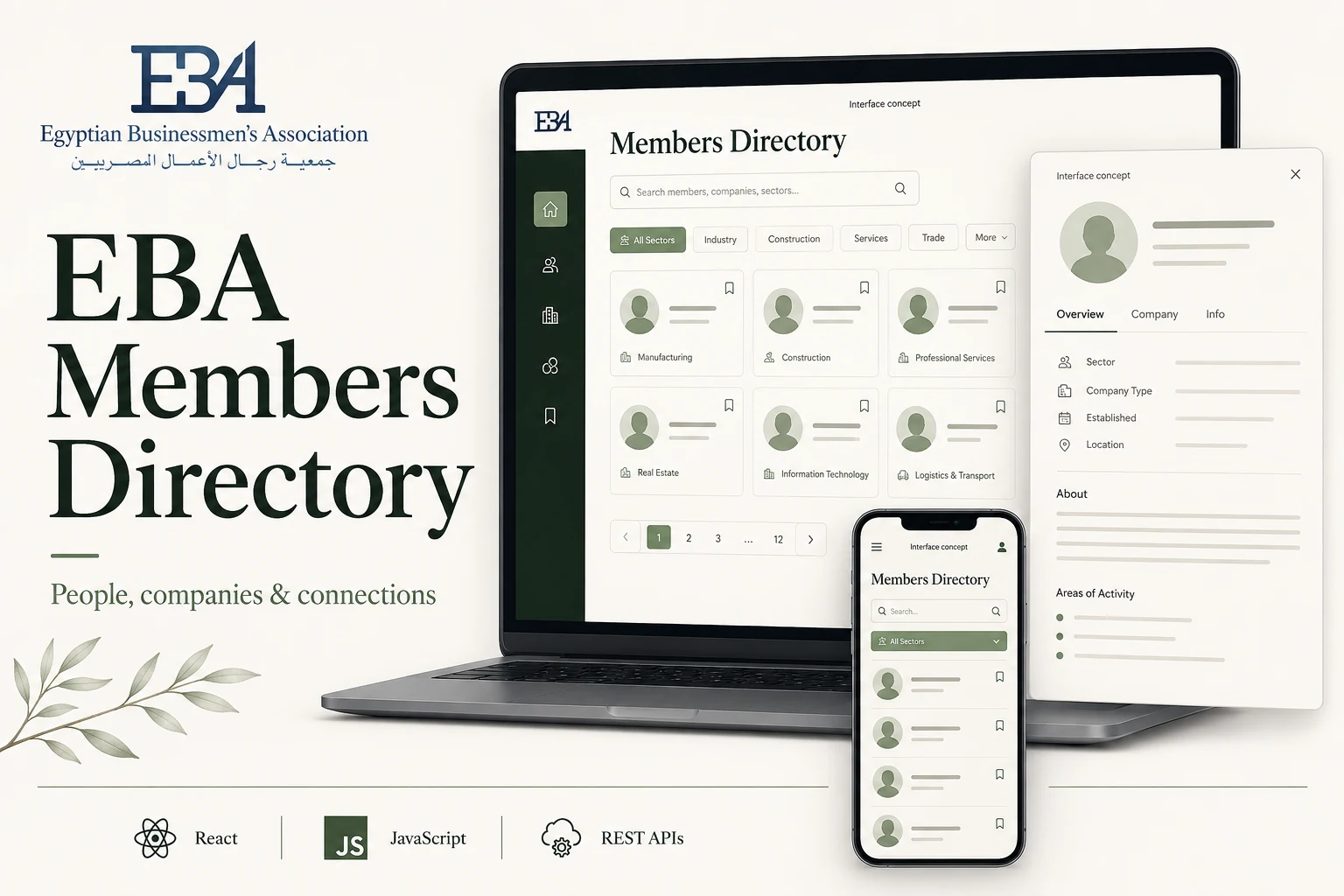 EBA directory overview with member search, company filtering, and React and REST API interface concepts.