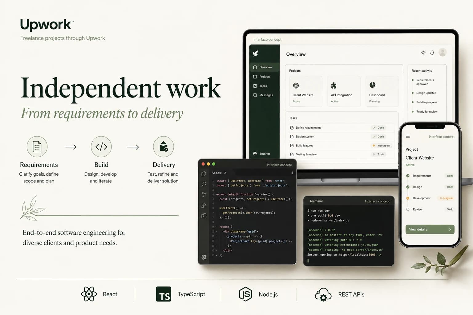 Upwork freelance software engineering project overview with interface concepts