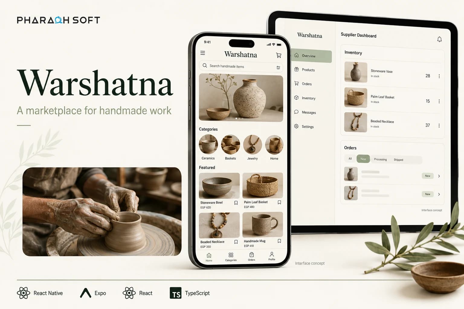 Warshatna marketplace overview with handmade product discovery, supplier inventory, and React Native and Expo interface concepts.
