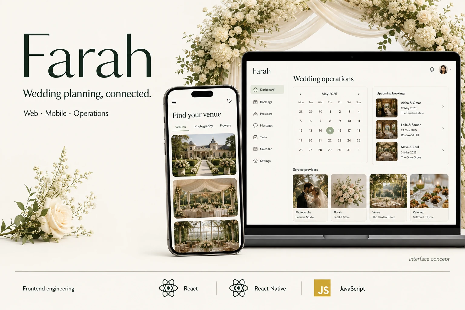 Farah overview with wedding planning, service providers, and React and React Native interface concepts.
