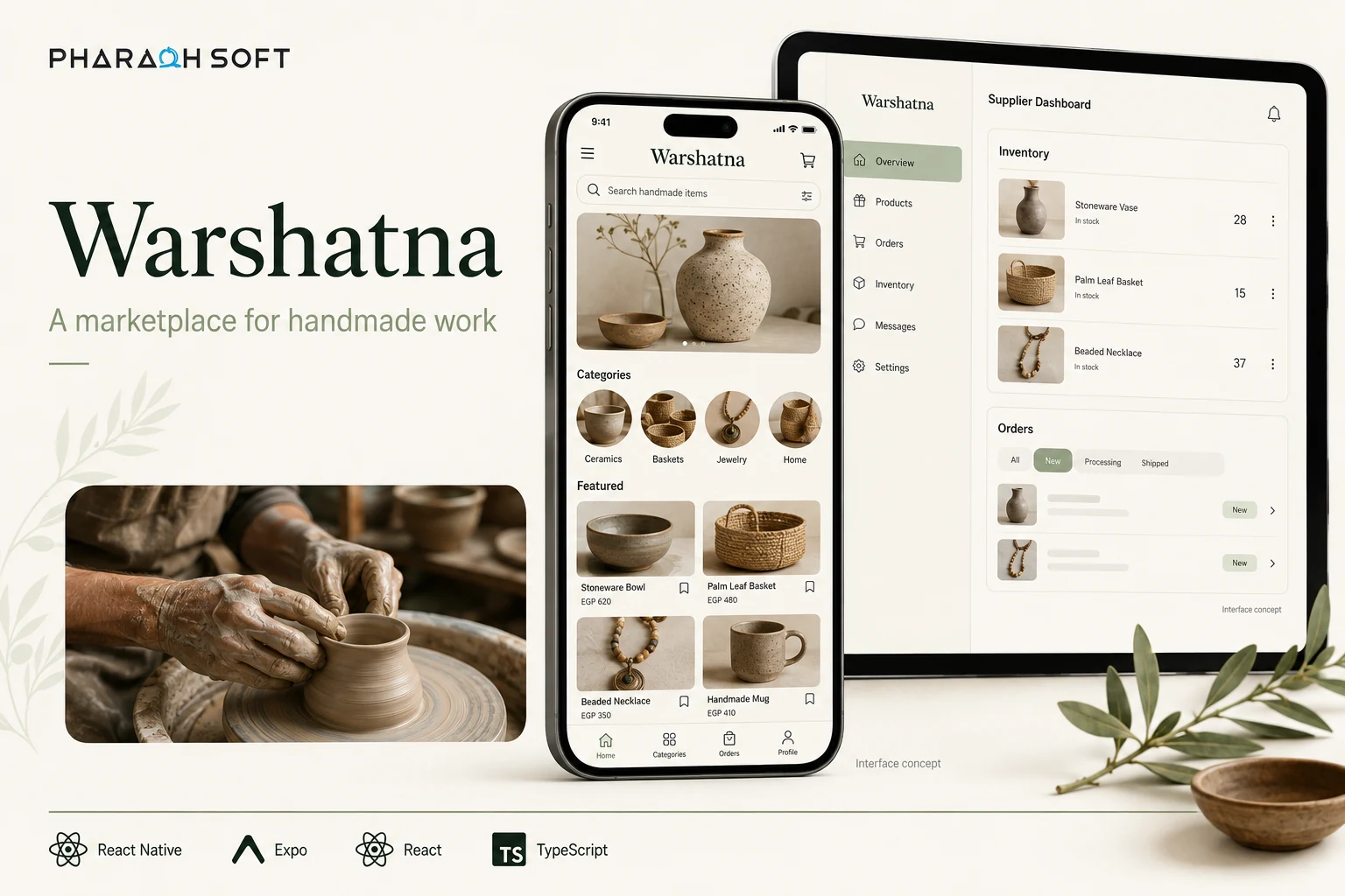 Warshatna marketplace overview with handmade product discovery, supplier inventory, and React Native and Expo interface concepts.