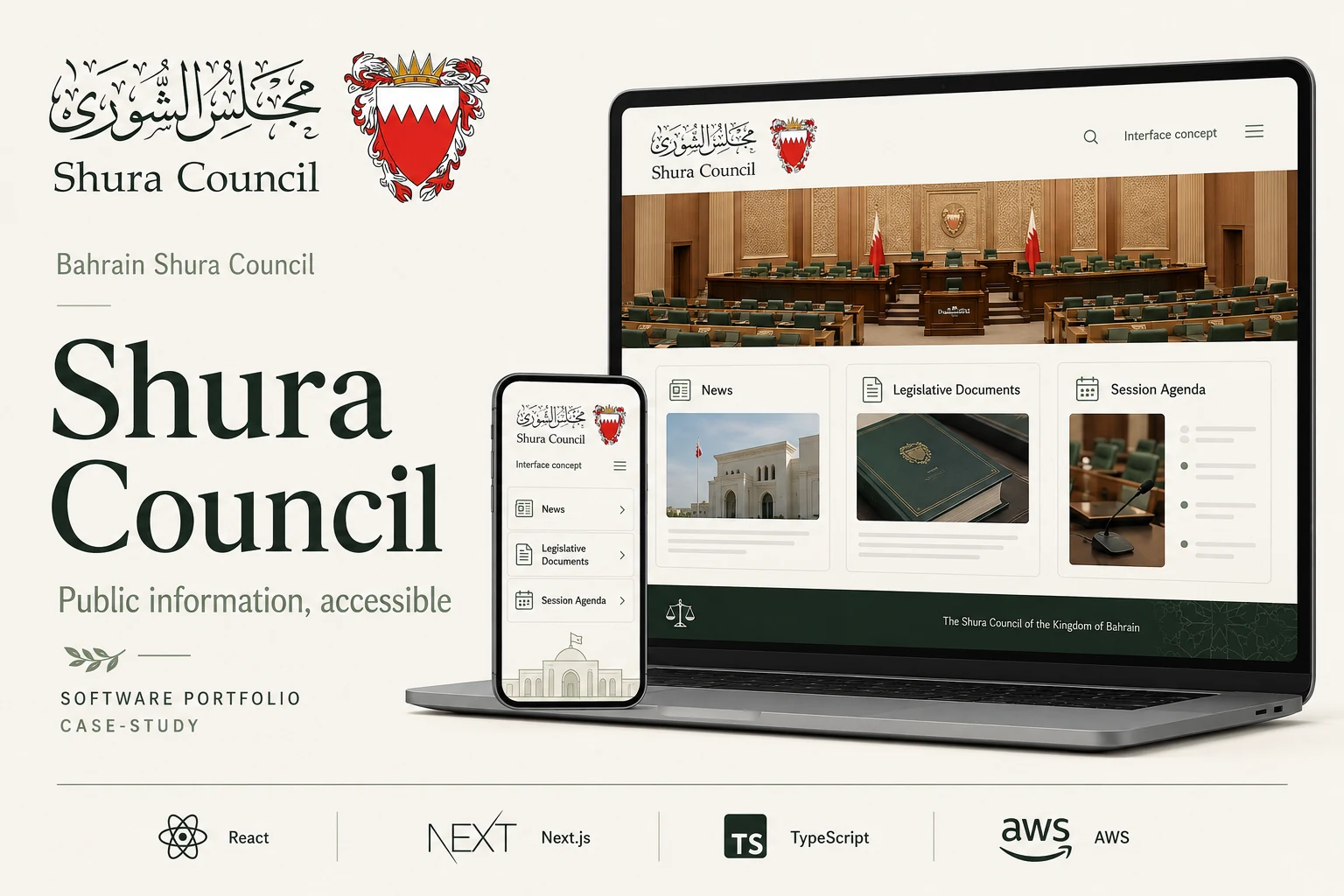 Bahrain Shura Council overview with legislative information, public services, and React interface concepts.