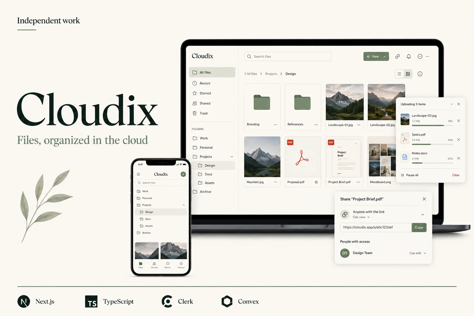 Cloudix overview with file management, secure sign-in, and Next.js, Clerk, and Convex interface concepts.