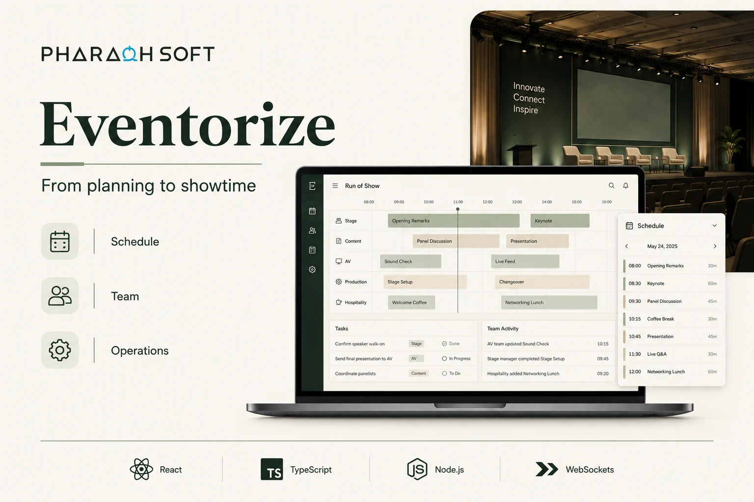 Eventorize overview with event planning, schedules, team coordination, and React interface concepts.