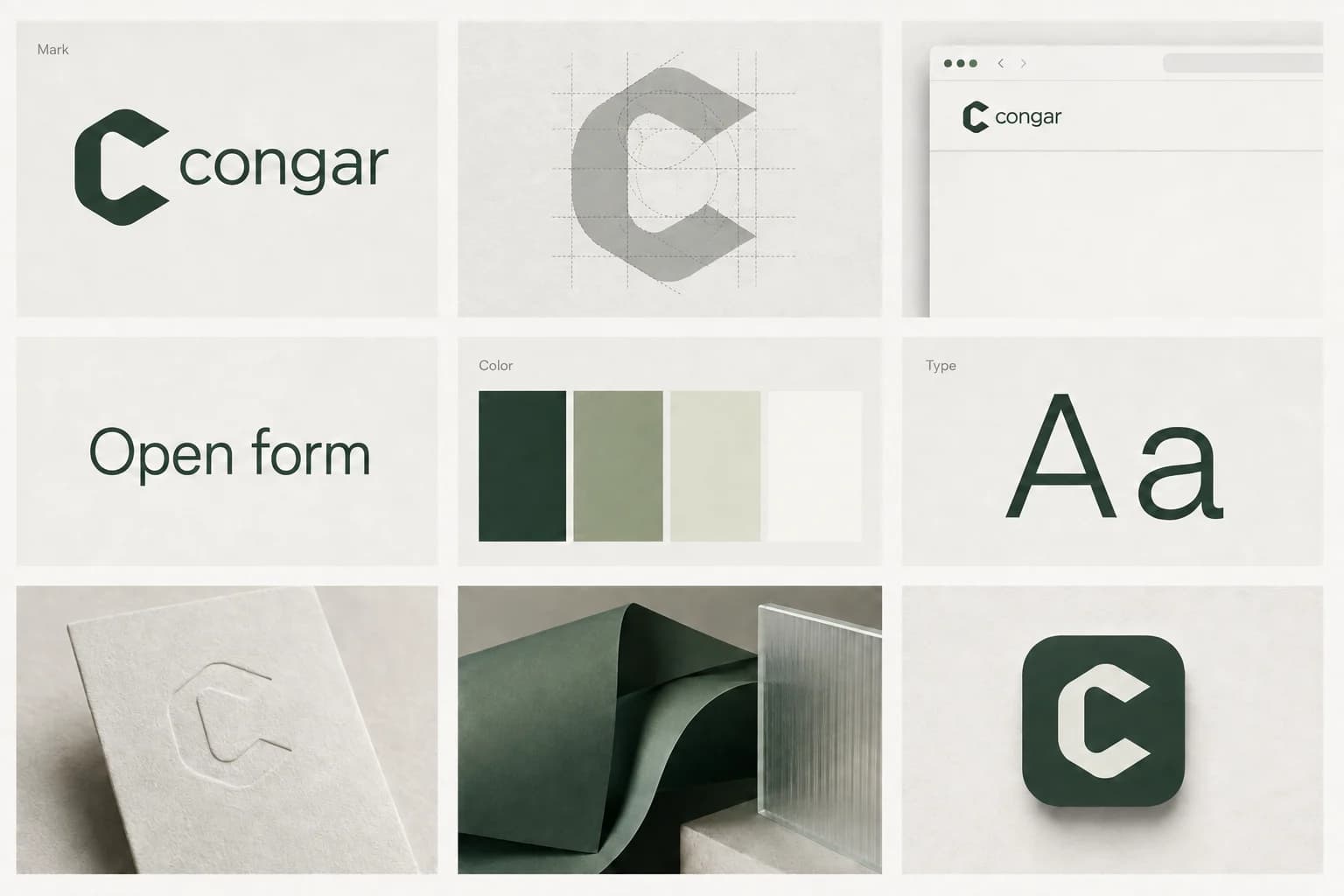 Congar identity overview showing the open C, wordmark, green and paper palette, typography, and material applications.