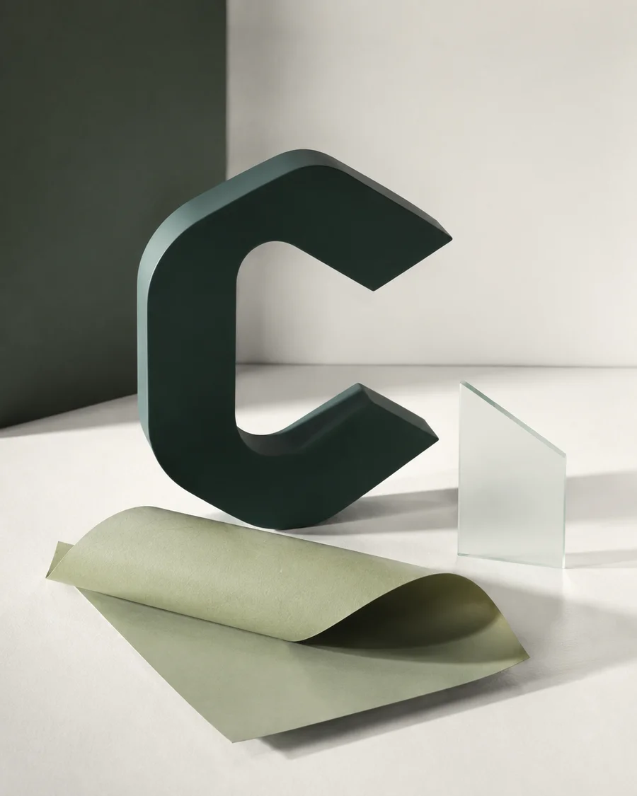 The open Congar C made into a dark-green sculptural form beside folded paper and glass.