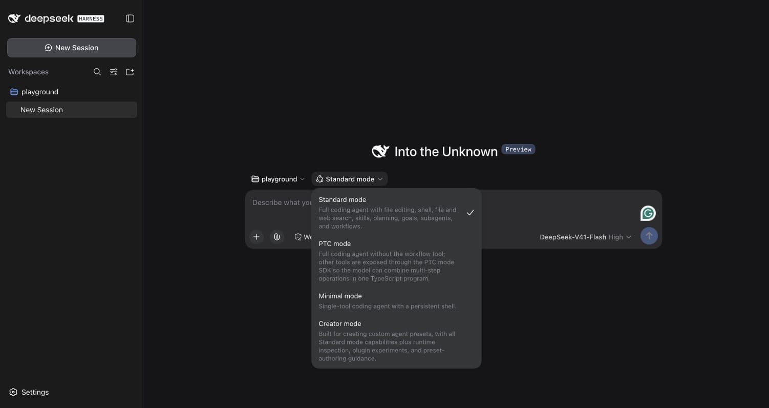 The agent preset menu in a blank DeepSeek Harness session lists Standard, PTC, Minimal, and Creator, with Standard selected.