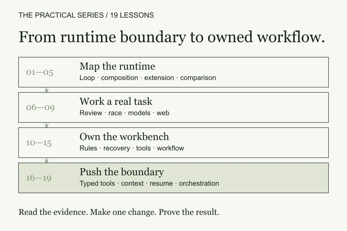 A notebook task moves through a local harness, a custom workspace, and a checked result.