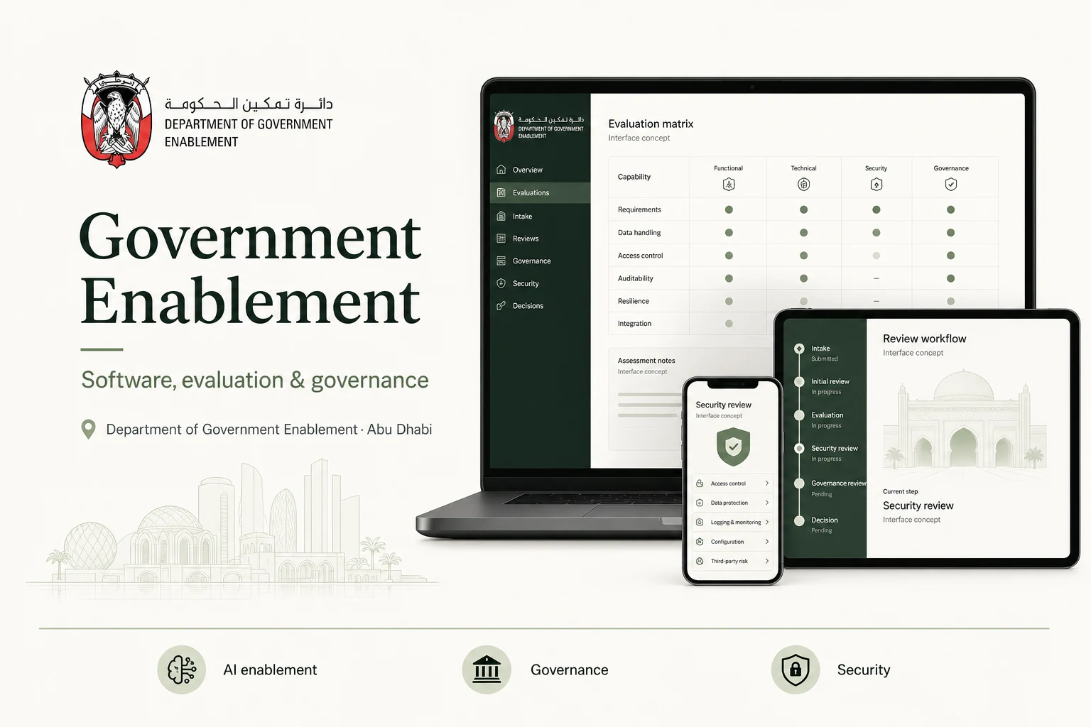 Department of Government Enablement governance and software engineering project overview with interface concepts