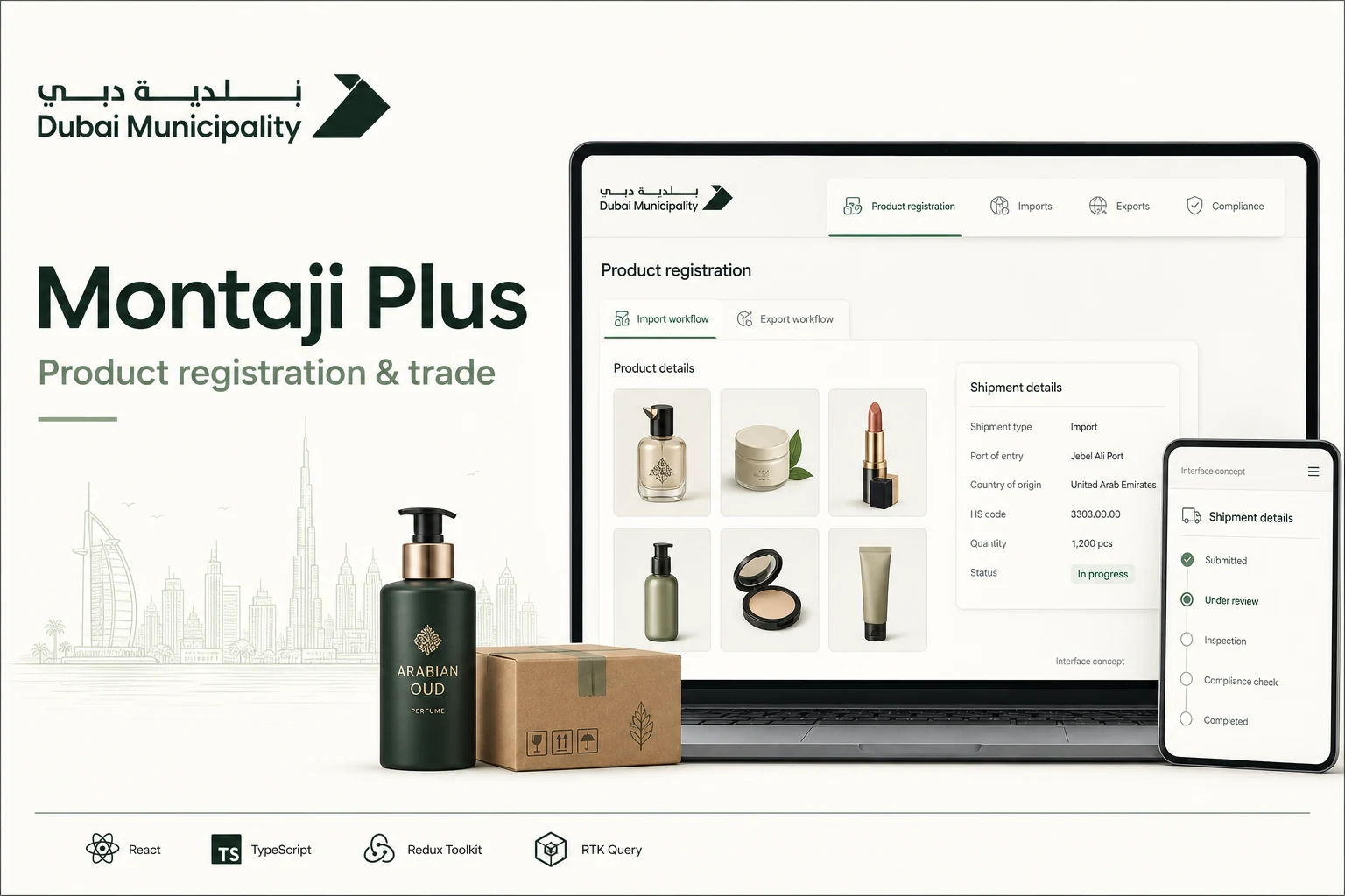 Montaji Plus overview with product registration, shipment compliance, and React and TypeScript interface concepts.