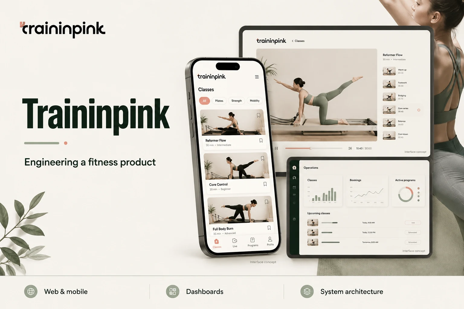 Traininpink fitness product overview with web, mobile, and dashboard interface concepts.