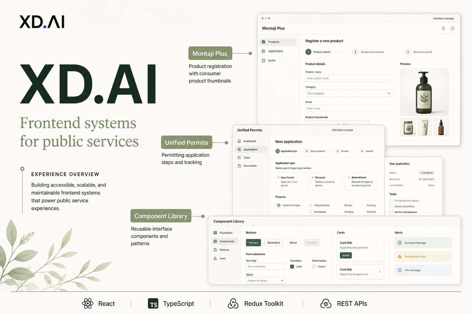 XD.AI government frontend engineering project overview with interface concepts