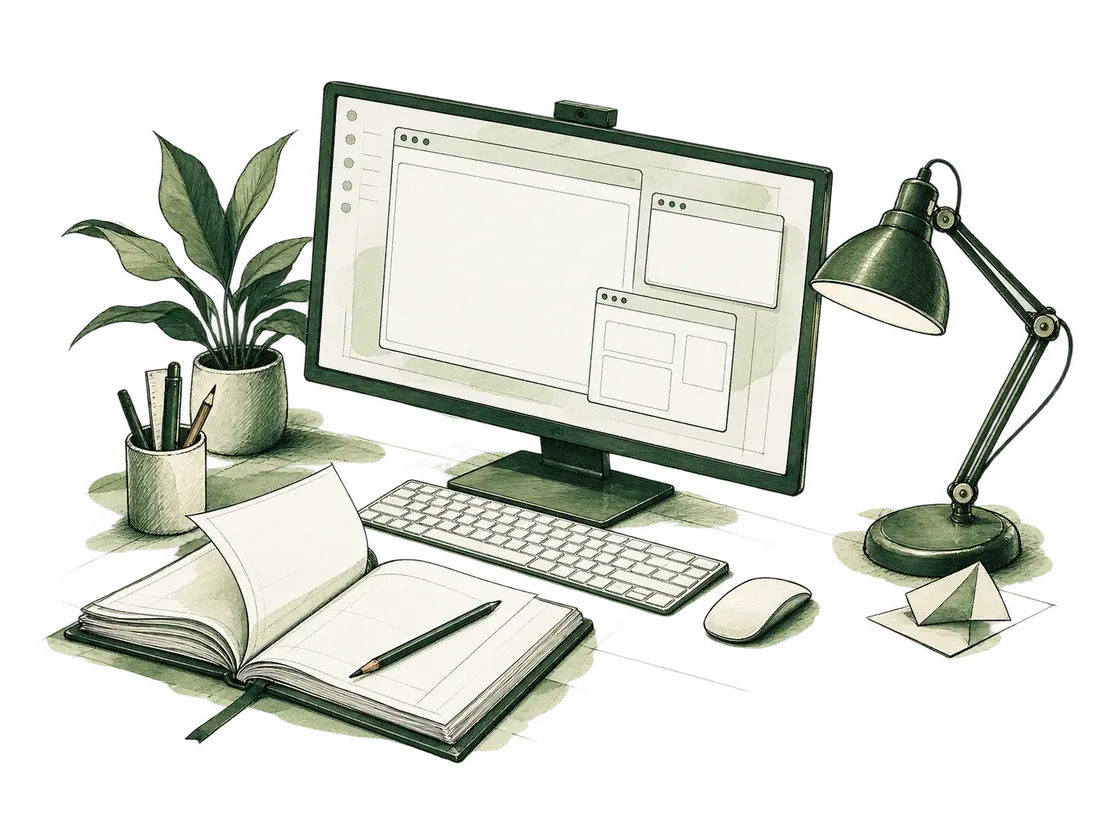 An illustrated maker's desk with browser windows, an open notebook, a pencil and a lamp.